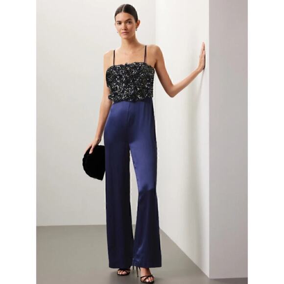 Badgley Mischka Pants - Badgley Mischka Navy Sequin Jumpsuit Womens 6 Formal Gala Evening